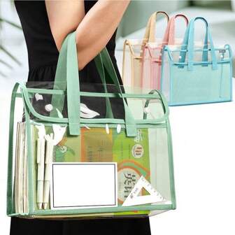 1pc Large Capacity Portable Transparent Waterproof Handle Document Folder, Expandable File Storage Bag With Embedded Organizer, PVC Adhesive Document Pouch, Suitable For Daily Office Supplies, Student Files, Anniversary, School Opening, Graduation,Back To School,School Supplies