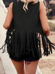 Women Rivet Tassel Vest Open Front Sleeveless Faux Suede Vest Jacket Hippie Costumes - Black - View 7