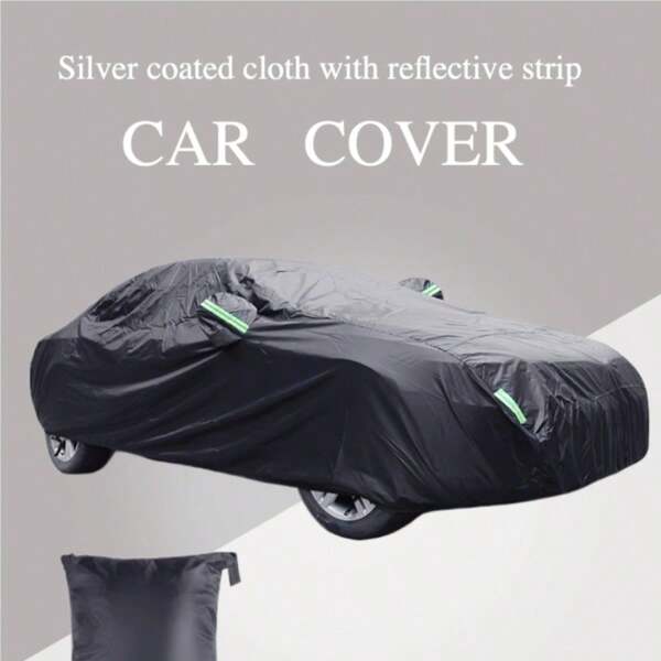 [Ganzjähriger Vollschutz] Schwarze Oxford-Stoffabdeckung mit Silberbeschichtung, Vollgarage für Autos, wasserdicht, sonnenschutzfest, reißfest | Leuchtende reflektierende Streifen + Universelle Passform für verschiedene Größen (400-580cm) für Limousinen