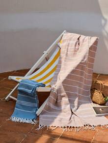 Cirelle 1 件经典系列，防缩水流苏沙滩巾，90 * 180 厘米/35.5 * 71 英寸，防沙，速干，轻质水疗旅行条纹运动毛巾夏季旅行，度假海滩必备品 - 棕色 - 查看 4