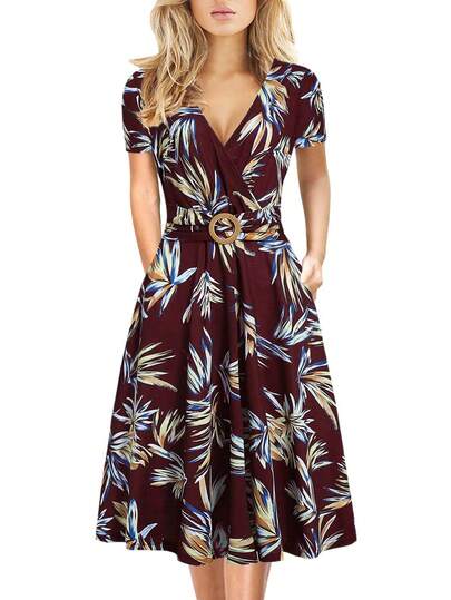 Váy cổ chữ V sâu in hoa dành cho nữ có túi, thanh lịch cho kỳ nghỉ hè