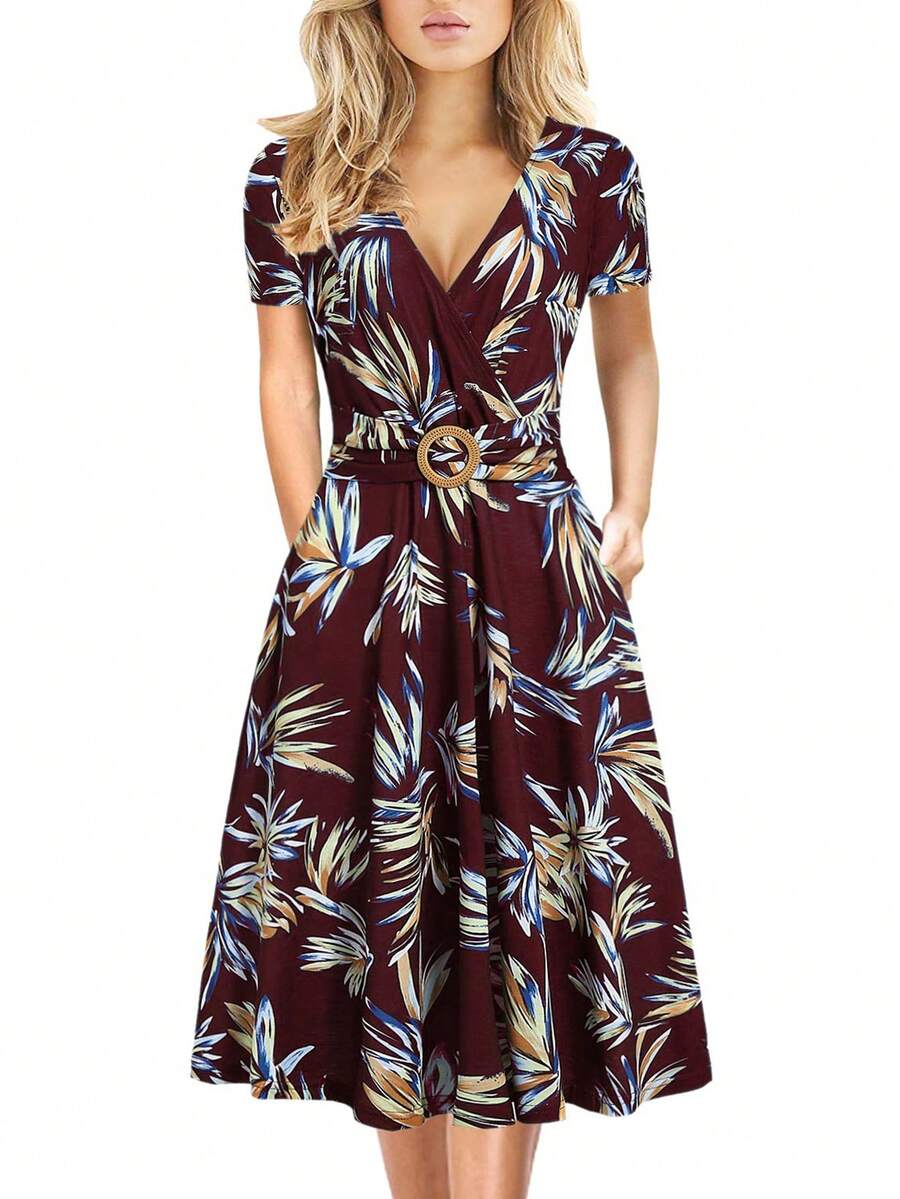 Vestido con estampado floral, escote profundo en V y bolsillos, elegante para vacaciones de verano