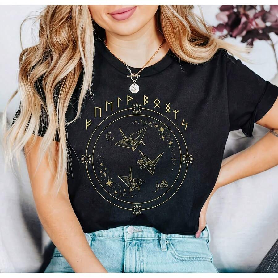 Runes T-, Dramione , Fanfic Lover Gift, Draco Fanfic Tee, Gift Dramione Lover, Gift Fanfiction Lover, Paper Crane Tee_T-Shirt For Women, 220g Heavyweight Cotton Be Yourself Tee With Motivational Quote, Loose Fit Crew Neck Short Sleeve Top Designed For Curvy, Full-Figure, Or Oversized Style Lovers, Comfortable And Flattering Everyday Shirt For Women Of All Shapes, Breathable Fabric With Beautiful Butterfly And Star Print, Aesthetic Empowerment Tee For Confidence And Positivity, Great For Spring Summer Wear, Lounge, Travel, Or Casual Work Days, Fashionable Top For Big Girls, Body-Positive Message, Ideal Gift For Sister, Wife, Or Friend Who Loves Comfy Looks - Black - View 1