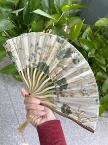 1pc Traditional Ink Painting Hand Fan, Retro Classical Style, Handheld Bamboo Fabric Fan, Portable Vintage Cheongsam Accessory, Elegant Floral Pattern With Tassels, Home Decor And Personal Use