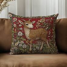 1pc Retro Morris Floral Deer Decorative Pillow Cover, Soft Peach Velvet Single-Sided Printed, 45*45CM Cushion Cover For Home Decor, Party Decor, Pillow Gift