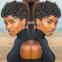 Short Elfin Cut Human Hair Wig For Women Short Afro Curly Wave Human Hair Wig With Bangs Remy Peruvian Human Hair Wig Rose Net Full Machine Made Nature Color Human Hair 4inch 180% Density Holiday Wear Party Wear
