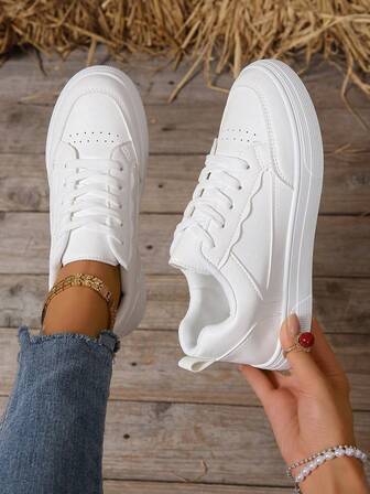 Höst/vinter Plus Size Damsportskor, Vita Mångsidiga Studentskor, Platta Modesneakers, Nya Vita Snörskor Casual Platta Halkfria Sneakers