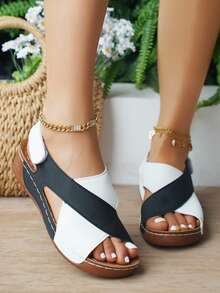 Giày sandal đế xuồng màu xanh và trắng họa tiết chắp vá phong cách Bohemian mùa hè dành cho nữ, giày sandal đế bằng thoải mái, chắc chắn, thoải mái khi đi ngoài trời, giày sandal cỡ lớn, vui lòng đặt hàng theo chiều dài chân thực tế vì kích thước có thể nhỏ hơn - Đen và trắng - Xem 4