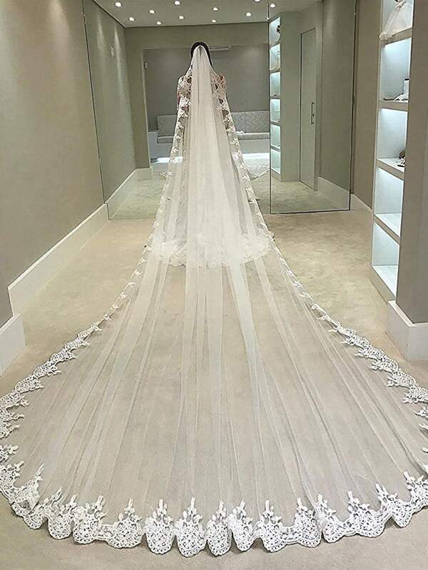 1pc Bridal Veil With Lace Edge, Cathedral Wedding Veil With Train
