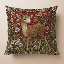 1pc Retro Morris Floral Deer Decorative Pillow Cover, Soft Peach Velvet Single-Sided Printed, 45*45CM Cushion Cover For Home Decor, Party Decor, Pillow Gift