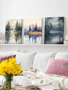 3pcs Misty Atmosphere Poster, Whispering Trees Canvas Print Wall Arts, Landscape Poster, Mountain Backdrop Artwork, Calm Lake Reflection Wall Decor, Forest Mirage Wall Decor, Art Prints, Modern Home Decor, Posters, Ideal Gift, Optional Frame - 3Pcs/Set - View 6