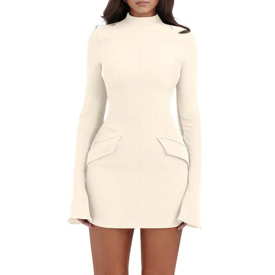 Women's Long Sleeve Mock Turtle Neck Bodycon Mini Tank Short Party Dress - Beige - View 1