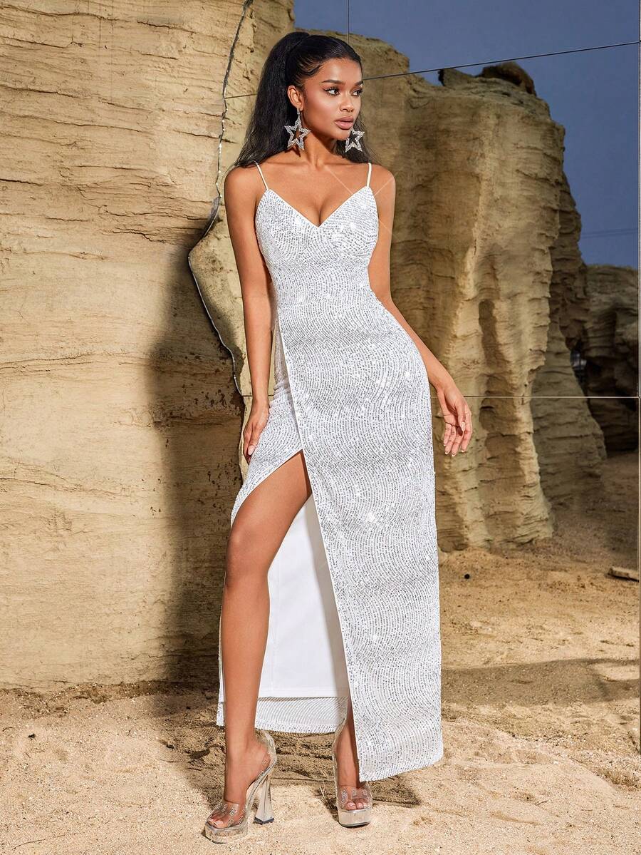 Sequins Criss-Cross Backless Slit Bodycon Evening Gown, Formal, Party Dress, For Wedding Guest - White - View 1