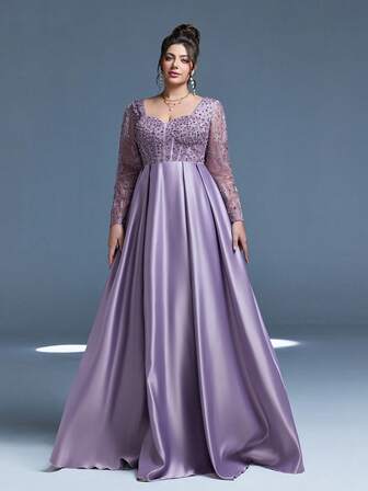 Vestido de noche elegante de talla grande con cuello en V y encaje de contraste de Anpoket, cinturón de cintura con perlas, manga larga, satén, vestido largo, adecuado para ocasiones formales