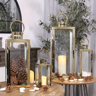 1pc Elegant Champagne Golden Glass Candle Lanterns, Stainless Steel Windproof Candle Holder Metal Floor Mount Candleholders For Wedding, Halloween, Christmas, Valentine's Day Decor - Hollow Design, Hangable, No Electricity Required