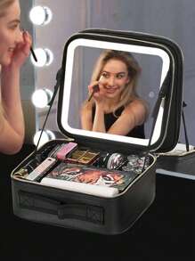 1 pezzo Borsa per il trucco da viaggio nera da 600mAh, con specchio, grande capacità, custodia per cosmetici da viaggio portatile con specchio a LED, perfetto per trucco, lampade, luci LED, luce notturna, illuminazione, accessori per la borsa da viaggio e la custodia per cosmetici.