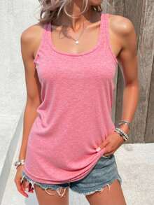 Tank top tejido stretch jaspeado cuello redondo dama mujer cómoda gym deporte ejercicio cómodo bajo amplio calor día noche primavera verano comida jardín vacaciones - Rosa - Ver 3