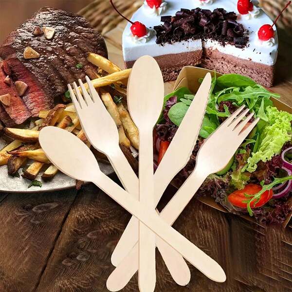 Natural Bamboo Salad Knife, Fork And Spoon Set, Western Tableware, High-Quality Bamboo Cutlery, Suitable For Weddings, Parties, Snacks, Country Style, Natural Picnic Utensils
