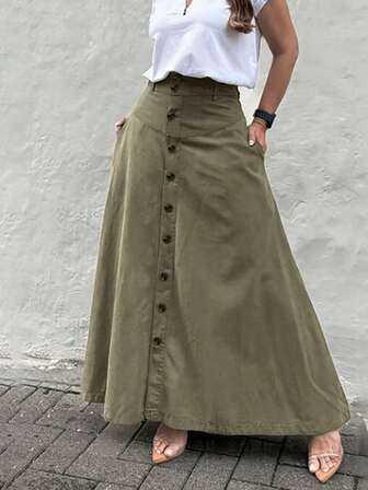 여성용 세련된 솔리드 컬러 하이웨스트 A라인 스커트, 패션적이고 실용적이며, 포켓과 버튼 프런트 슬릿 있어 봄, 여름, 가을, 겨울 착용 가능