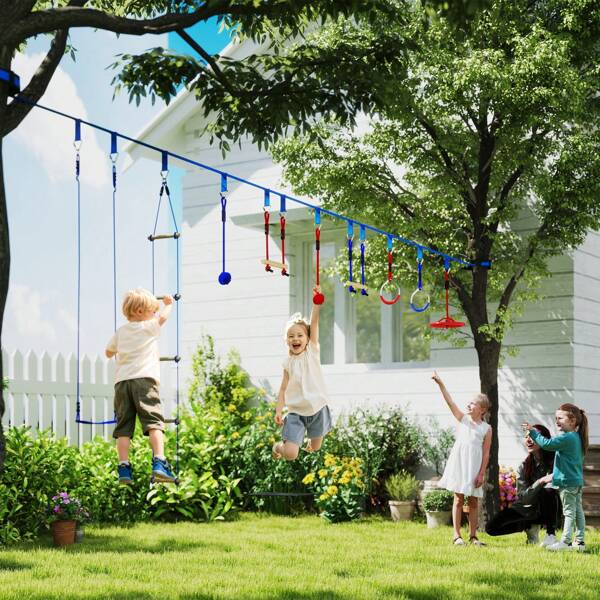 Aiyaplay AIYAPLAY Warrior Hindernisparcours für Kinder 10 m Slackline Kit mit Kletterleiter Zubehör, Turnringe, Hängetablett, Schaukel, Kletterstangen, Trainingsausrüstungsset für Kinder