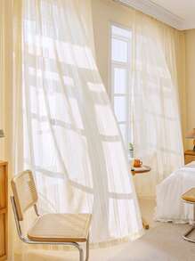 1pc Hanging French Retro Crochet Lace Sheer Curtain, Bohemian American Style Window Curtain