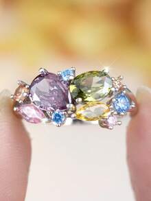 1 件独特奢华时尚 925 纯银多色方晶锆石镶嵌戒指，非常适合女性订婚、婚礼、派对、周年纪念、生日、节日礼物 - 銀色 - 查看 4