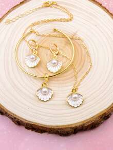 4pcs Set Fashionable Delicate Zinc Alloy Shell Pendant Necklace Bracelet Earrings Jewelry Set