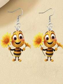 1 par de aretes creativos y lindos de abeja de acrílico sosteniendo un girasol, diseño de animal encantador como regalo para mujeres