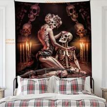 1 pezzo Arazzi decorativi in poliestere, stile gotico romantico, con coppia di scheletri e decorazioni floreali con candele, appesi al muro, per decorazione della casa, del soggiorno, della camera da letto, stile bohémien, estetico, regalo unico, decorazione di fantasia dark