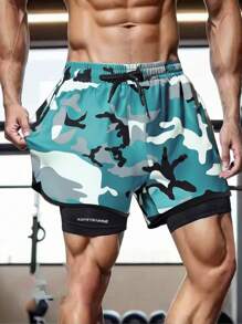 1 Stück Herren Sommer Camouflage Muster Eisseide atmungsaktive schnell trocknende schweißabsorbierende Sportshorts, 2-in-1