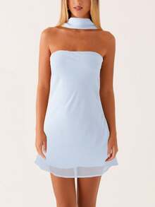 Women Y2k Tube Mini Dress With Scarf Sets Solid Color/Floral Strapless Sheer Mesh Bodycon Short Dress Summer Backless Slim Fit Going Out Dress Cocktail Party Club Beach Vacation Dresses - 藍色 - 查看 3