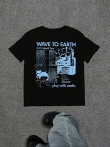 WAVE TO EARTH Play With Earth Letters Kitten Print Men's T-Shirt, Simple Art Harajuku Style, Band Music Kitten T-Shirt, Fashion Casual Loose Men And - 黑色 - 查看 2