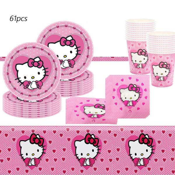 Sanrio 61pcs Sanrio Hello Kitty Party Supplies,Included Plates,Napkins,Tablecloth,Paper Cup,For Hello Kitty Party Decorations,Hello Kitty Birthday Party Decorations,Hello Kitty Party Decorations