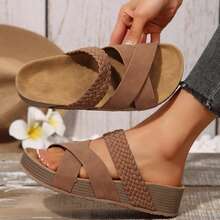 Women Sandals Casual Solid Color Braided Sole Beach Summer Comfortable - 淺棕色 - 查看 4