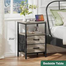 Huuger Nightstand With Charging Station, Side Table With Fabric Drawers, End Table With Open Shelf, Bedside Table With USB Ports And Outlets, Night Stand For Bedroom, Rustic Brown And Black - Sồi - Xem 3
