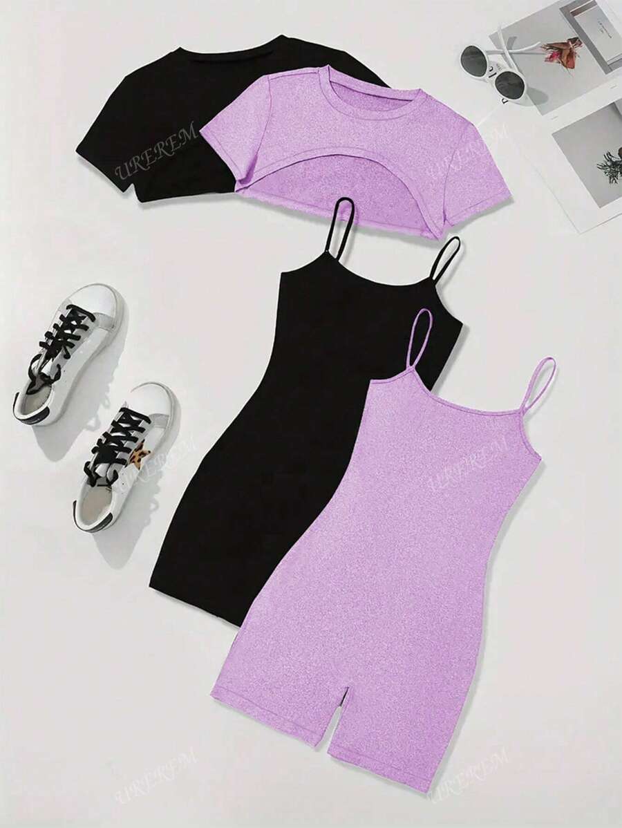 Conjunto de 2 piezas de ropa casual - Camiseta corta de cuello redondo y pantalones cargo minimalistas, prendas de verano para mujer, tejido de 180g