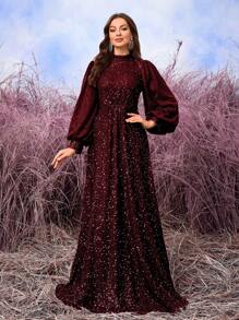 SUPGIR Vestido de fiesta de boda para invitados con cuello de lantern, elegante y brillante en la cintura, fruncido Mid Vestido, vestido de noche, vestidos de mujer de otoño