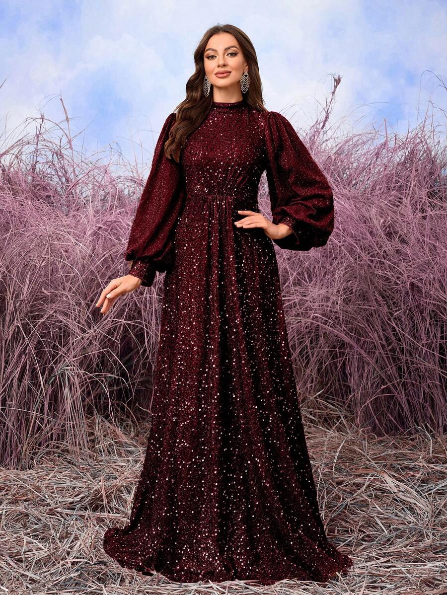 SUPGIR Vestido de fiesta de boda para invitados con cuello de lantern, elegante y brillante en la cintura, fruncido Mid Vestido, vestido de noche, vestidos de mujer de otoño