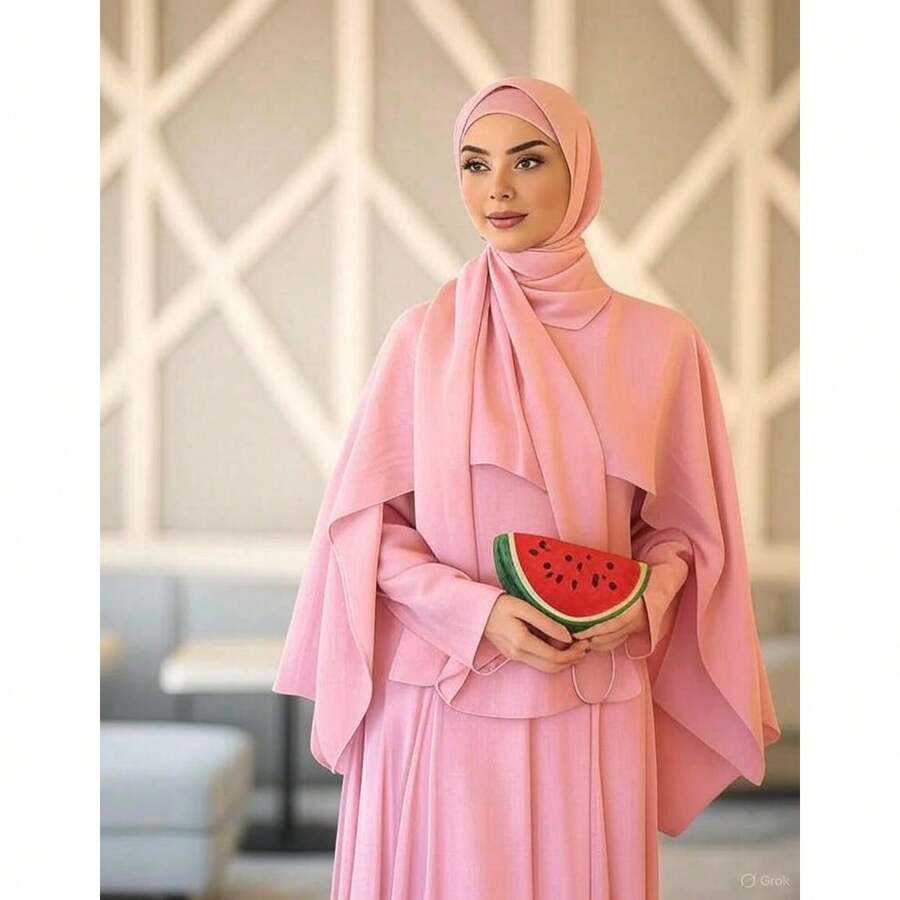 Dubai Plain 2 Piece Abaya Set Prayer Clothes Women Modest Muslim Shawl Dresses Sets Caftan Robe Muslim Kaftan Plain Colorblock Casual Elegant - 粉色 - 查看 1