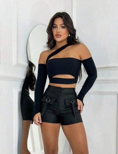 Cropped Faixa Recorte Com Corte Manga Longa Decotado Feminino Ombro a Ombro Moda Blogueira Gringa
