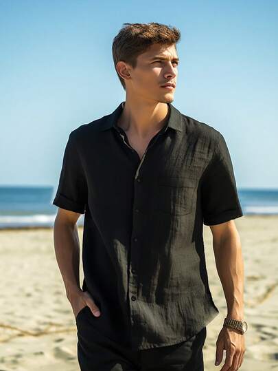 Camisa casual de manga corta de unicolor para hombres, ideal para resorts y playa de Hawái