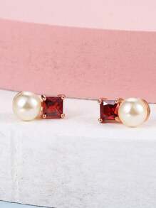 1 Pair Minimalist Summer Fashion Fresh Pearl Embedded Red Stone Rose Gold Plated Stud Earrings, Suitable For Daily Wear For Women