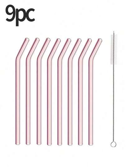 Zestaw 9 słomek szklanych ze szczotką do czyszczenia - wielokrotnego użytku słomki wygięte i proste do napojów, koktajli - idealne do domu, na imprezę, do baru, sklepu z herbatą bąbelkową, do szkoły