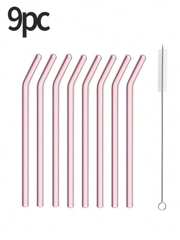 9-Pack Glass Straw Set With Cleaning Brush - Reusable Bent Straws And Straight Straws For Drinks, Cocktails - Perfect For Home, Party, Bar, Bubble Tea Shop,School Supplies