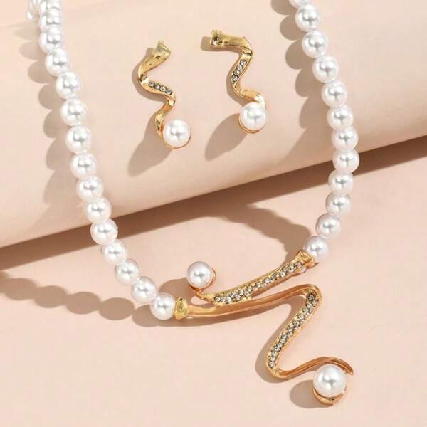 1 Set Fashion Pearl Necklace Micro-Inlaid Bridal Jewelry Set, Earrings & Pendant 2 Pieces Personalized & Elegant Faux Pearl Combo