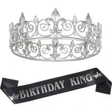 生日国王皇冠和绶带，皇家金色国王皇冠男士派对装饰舞会生日礼物男士国王选美皇冠，返校情人节 - 多色 - 查看 14