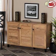 Modern Contemporary Shoe Storage Cabinet Oak Brown Wood 3-Door 8 Shelves 16 Pairs Slatted Doors Assembly Required Sturdy Engineered Wood Dark Brown MDF Solid Wood - Multicolor - View 1