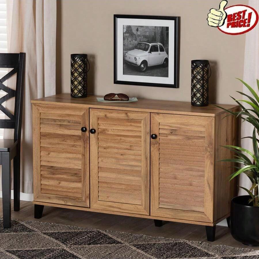 Modern Contemporary Shoe Storage Cabinet Oak Brown Wood 3-Door 8 Shelves 16 Pairs Slatted Doors Assembly Required Sturdy Engineered Wood Dark Brown MDF Solid Wood - Multicolor - View 1