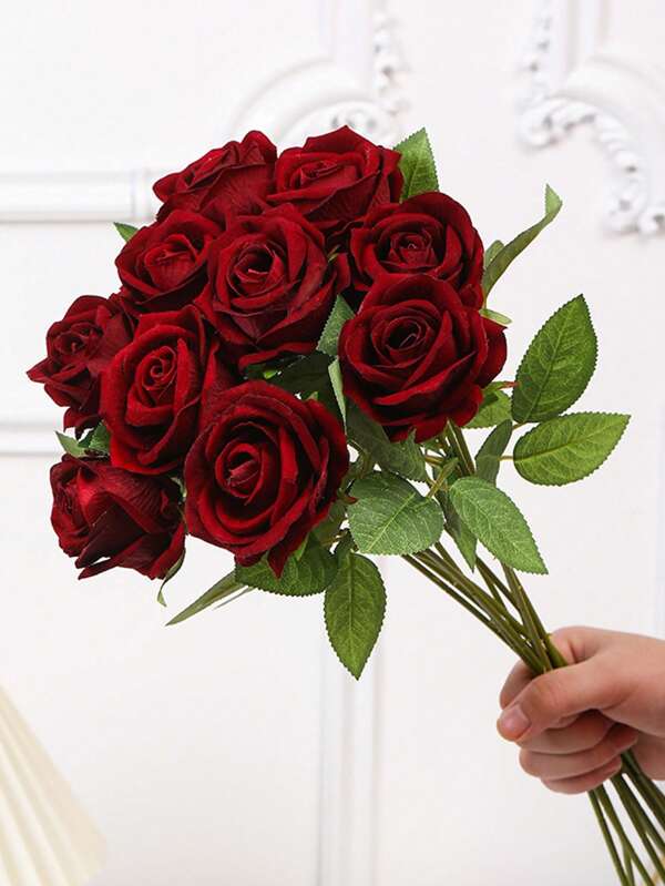 1pc/4pcs/5pcs/8pcs Wine Red Rose Artificial Flowers Artificial Bridal Bouquet Realistic Velvet Faux Flower Flower Arrangement Decoration Fake Rose Artificial Rose For Valentine's Day Gifts Wedding Party Home Decoration, Brithday Gifts Outdoor Indoor Decor, Vase Floral Decor (Purchase Instructions: May Contain Odor, Please Place In Window For Ventilation For 1-2 Days) Artificial Plant