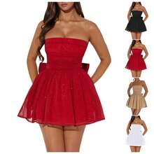 Strapless Short Dress Pleated Homecoming Dresses For Teens Sparkly Tulle Prom Cocktail Party Gowns With Bow Formal Dress Wear - Black - View 6